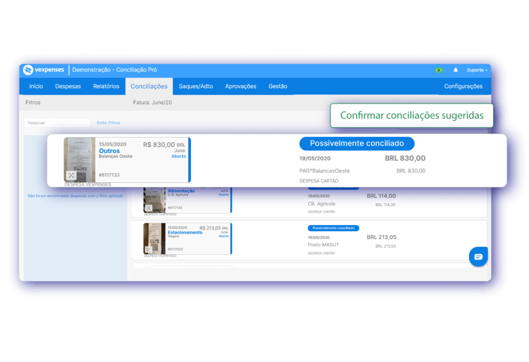 Dashboard na conciliações e listando itens