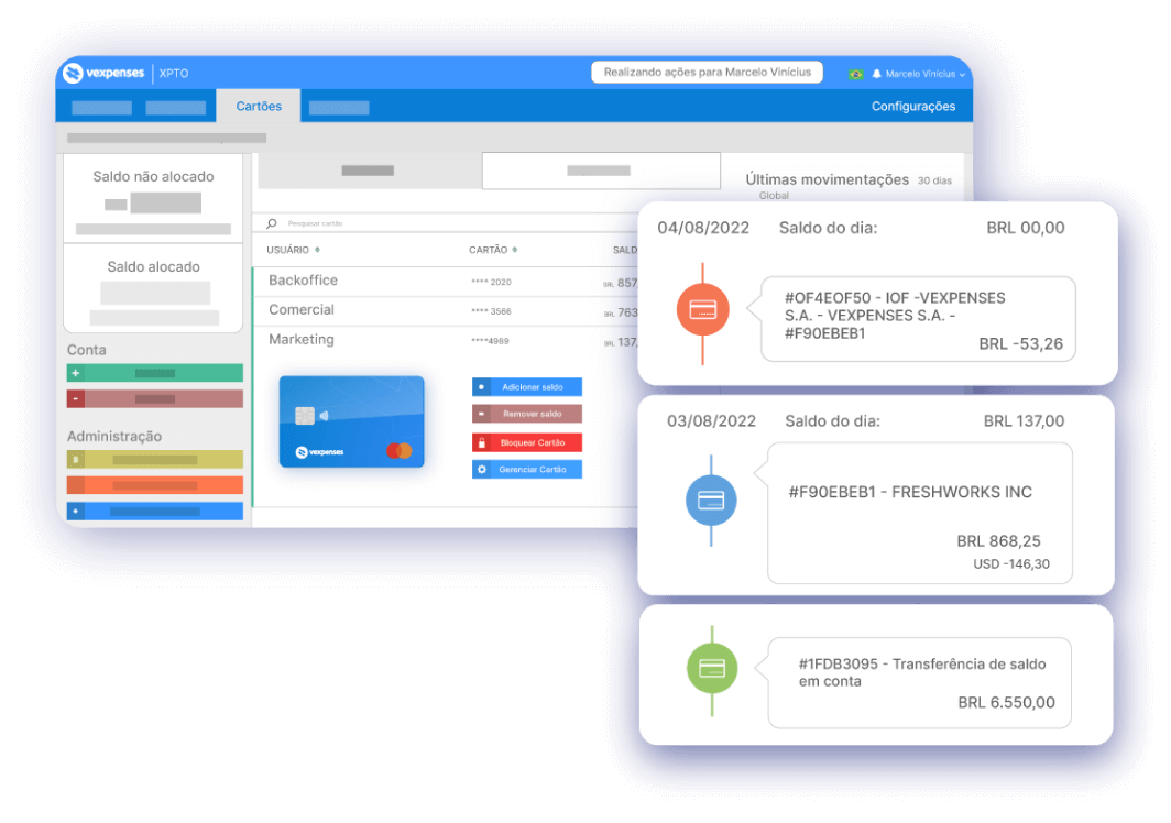 Dashboard do VExpenses com 3 cards em destaque com despesas de marketing